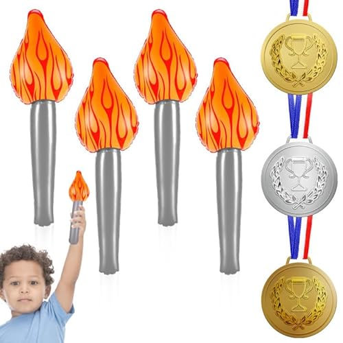 Flamme Olympiques 2024, 4Pcs Gonflable Olympique Torche and 3Pcs Médaille d'or et de Bronze for Jeux Decoration Amusante Flamme for pour Les Fêtes Thématiques et Les Matchs Sportifs