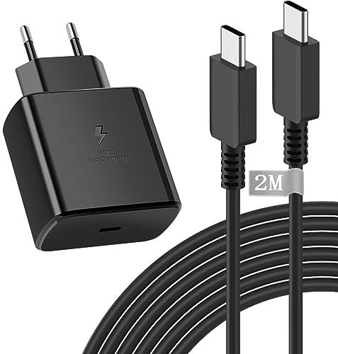 Chargeur Rapide Sam Sung 45W avec Câble USB C 2M - Compatible avec Galaxy S23 Ultra/S23/S22 Ultra/S22/S21/S21+/S21 Ultra/S20/S20+/S20 Ultra/Note 20/Note 10+/Note 9/Note 8/A70/A71 et Autres modèles
