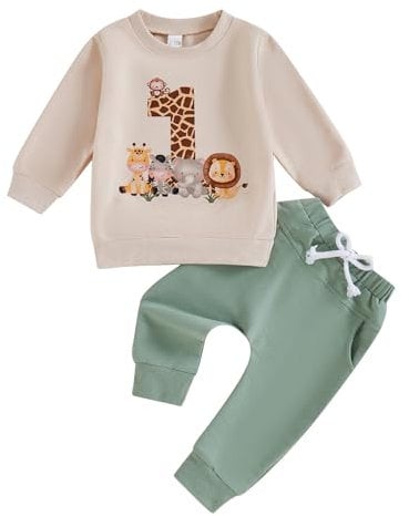Carolilly Boys Toddler First Birthday Outfit Animal Print Long Sleeve Sweatshirt & Pants Set (Beige, 12-18 Months)