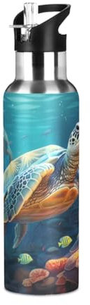 Niigeu Tortue Poisson Océan Tortue Bouteille d'eau Isotherme avec Paille en Acier Inoxydable Gourde, Sans BPA Gourdes Eau pour Enfant Sport Randonnée École Bureau (600ml/1L)