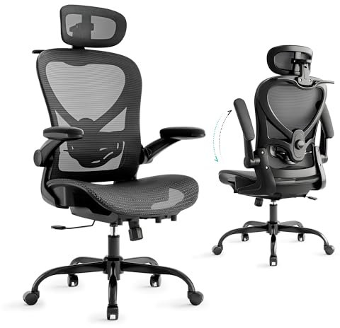 LarkLeaves Ergonomic Chair with 3D Headrest, Office Chair with Coat Hanger, Gaming Chair with 2D Lumbar Support & Flip Up Arms, Desk Chair Mesh Cushion & Backrest for Office, Study & Meeting, Black
