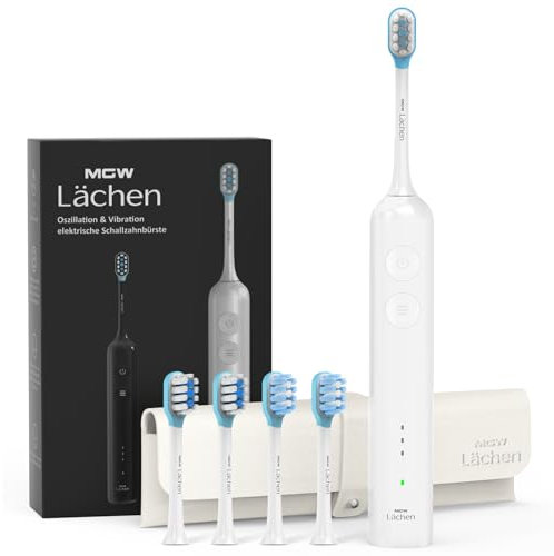 Wave Elektrische Zahnbürste, MGW Lächen Serie Leise Oszillation & Vibration elektrische Schallzahnbürste mit 4 Bürstenköpfen, 3 Modi & 3 Vibrationsstärken mit Reisetasche(weiß)