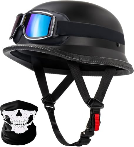 Vintage Deutsche Motorrad Halbhelme Halbschalenhelm Mit ECE Motorradhelm Für Herren Retro Jethelm Öffnen Helm Mit Schutzbrille Für Bike Cruiser Chopper Moped Scooter Roller Helm