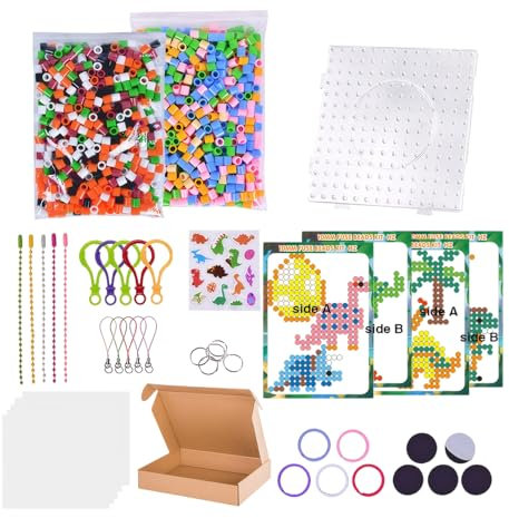 wlertcop Große Bügelperlen 10MM, 1000 Stück XL Steckperlen mit Platten Dino Set mit Steckplatte, 10 Tiere Muster, 15 Schlüsselbänder und Bügelpapier, Kreatives Perlenset für Kinder ab 3 Jahren