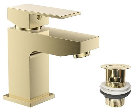 VeeBath Mist Mono Basin Mixer Tap with Waste – Modern Brushed Brass Finish, Single Lever Control, G1/2 BSP Inlet, Deck Mounted Square Bathroom Taps, Sink Mixer Tap for Bathroom