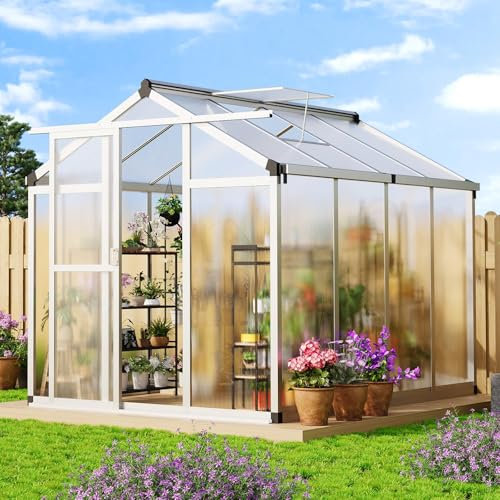 Polycarbonate Greenhouse, 6 x 8ft Large Walk-In Green House with Slide Door and Window, Garden Plants Grow Nursery with Aluminium Frame and Foundation, Garden Plants Grow House for Outside Backyard