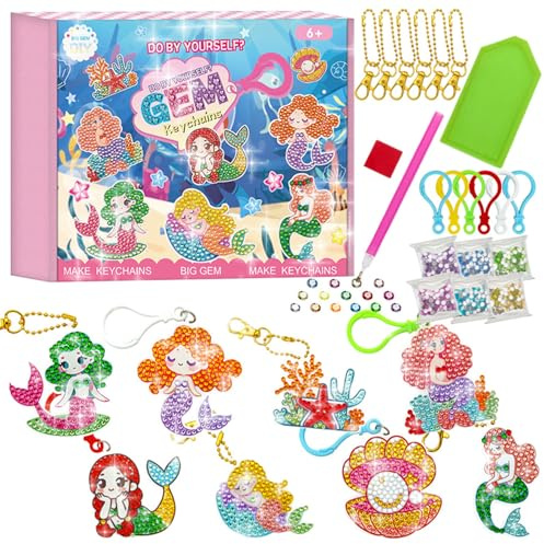 CAYUDEN DIY Meerjungfrau Diamond Painting Kinder Schlüsselanhänger, 8 Stück 5D Diamant Painting Kinder Schultüte Füllung Bastelset Mädchen Malen Nach Zahlen Kunstsets für Geschenk 6 7 8 12 Jahre