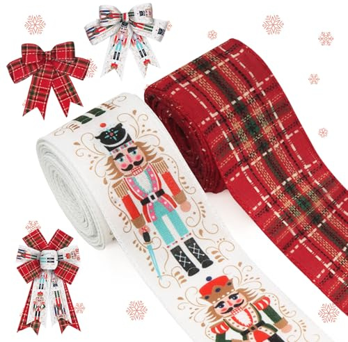 ALIBBON 2 Rolls 2.5 × 10 Yd Christmas Ribbons Nutcracker Wired Burlap Ribbons Christmas Decoration Red Buffalo Plaid Ribbon for Xmas Wreath Bow Making DIY Crafting Gift Wrapping Party Decor