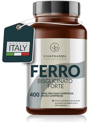 Ferro Integratore Tipo Bisglicinato, 400 Micro Compresse (12+ mesi) Vegane 14mg per Compressa Contribuisce al Normale Metabolismo Energetico, Senza OGM e Magnesio Stearato, Made in Italy