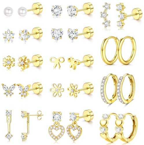 ADRAMATA 14 Paar Ohrringe Gold Set Chirurgenstahl Piercing Ohr Medizinische Ohrstecker Mädchen Creolen Conch Tragus Helix Piercings Hypoallergene Hypoallergene Ohrringe Silber/Gold
