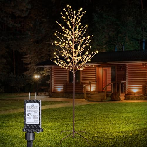 Lomotech Árbol de cerezo iluminado – Árbol artificial de 6 pies con temporizador de 8 modos para interiores y exteriores, fiestas, vacaciones, decoraciones de Navidad (blanco cálido)