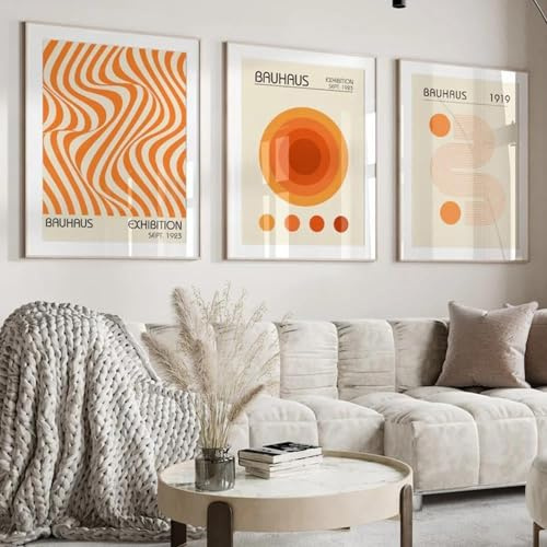 Xiyocadt 3er Poster Set,Abstrakt Geometrische Leinwand Bilder, Boho-Linien-Kunstdruck,Vintage Wandbilder,Moderne Wandkunst,für Schlafzimmer Wohnzimme Deko, Ohne Rahmen (50x70cm,Orange)