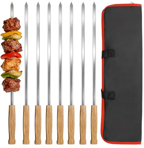 MINGBOLIN 8 Grillspieße Edelstahl 44 cm flache Schaschlikspieße | Flache Spieße aus 410 Edelstahl mit Eichenholzgriff und Tasche für Schaschlik Adana Kebab Fleisch und Gemüse beim Grillen