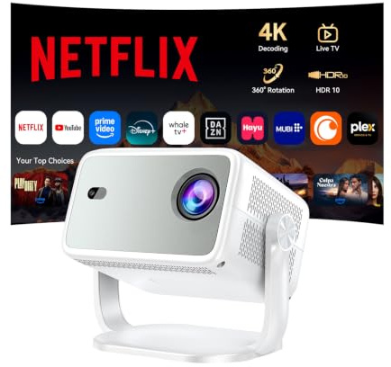 Proiettore 4k 2026【Compatibile con Netflix/1400 ANSI/Rotazione 360° 】Videoproiettore HDR10 Auto Focus e 6D Keystone Proiettore Portatile Bluetooth WiFi 6 per Home Cinema/Esterno