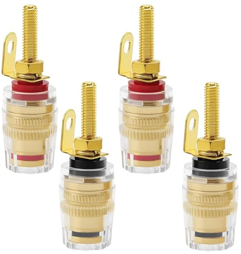 Flomiara 4 Pcs Gold Plated Speaker Binding Posts, 42mm Transparent 4mm Banana Socket Terminals for Amplifier, Speaker, Audio Wall Plate Connector (2 Red + 2 Black)
