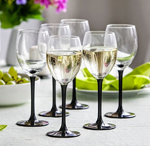 Lot de 6 verres à vin blanc 250 mL, longs pieds noirs, transparents