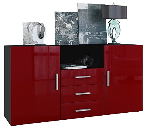 Vladon Sideboard Skadu, Kommode mit 2 Türen, 3 Schubladen und 1 offenem Fach, Schwarz matt/Bordeaux Hochglanz (138,5 x 71,5 x 35 cm)