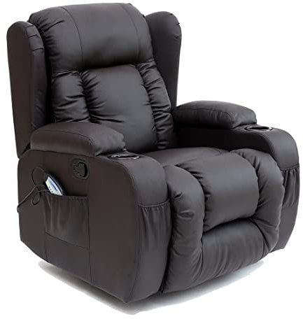 More4Homes CAESAR 10 IN 1 WINGED RECLINER CHAIR ROCKING MASSAGE SWIVEL HEATED GAMING BONDED LEATHER ARMCHAIR (Brown)