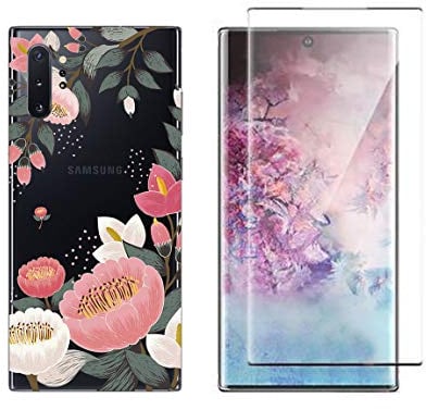 NOVAGO Compatible avec Samsung Galaxy Note 10 Plus- Pack Complet Coque Gel Solide Anti Choc + Film Protection écran en Verre trempé incurvé résistant (Coque+Film, Grosse Fleur)