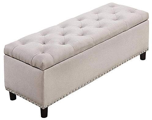 BAKAJI - Baúl de almacenaje con reposapiés para Dormitorio, Banco con Estructura de Madera y Revestimiento de Tela, Asiento abatible Acolchado, Color Beige, Dimensiones: 121 x 42 x 43 cm.