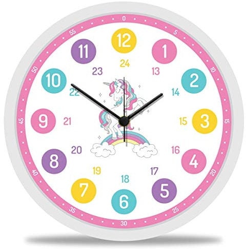 GRAVURZEILE Wanduhr Kinder Einhorn Motiv - Lautlose Kinderwanduhr geeignet für Mädchen - Bunte Lernuhr für Kinder 30 cm - Einfaches Ablesen der Uhrzeit Lernen - Farbenfrohes Design