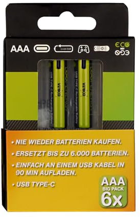 VERICO LoopEnergy AAA 900 Lot de 6 piles rechargeables USB-C AAA 1,5 V 900 mWh (600 mAh) Li-Ion, charge rapide via port USB-C en environ 2 heures, 3 paquets de 2 AAA, 3 câbles USB - A vers 2 ports