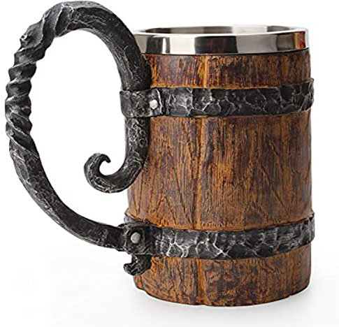 JI Chope à Biere Tasse à Bière en Bois Viking comme Cadeau De Noël Simulation Tonneau en Bois Tasse à Bière Double Paroi Tasse à Boire en Métal Isolé (Style 1)