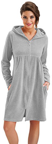 DOROTA - Accappatoio da donna morbido e moderno, in cotone, con tasche, zip e cappuccio, made in EU, Grigio mélange, XXL