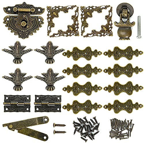 Retro-Schmuckkästchen, antiker Schloss, Verriegelung, Schnalle, Vintage-Bronze-Gravur, Scharniere, Schubladengriff, Beine mit Schrauben für dekorative kleine Holzaufbewahrung, Make-up-Box
