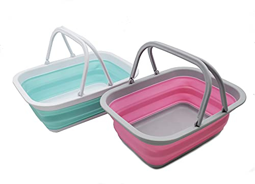 SAMMART 9.2L Collapsible Tub with Handle - Portable Outdoor Picnic Basket/Crater - Foldable Shopping Bag - Space Saving Storage Container (Lake Green & Pink, 2)