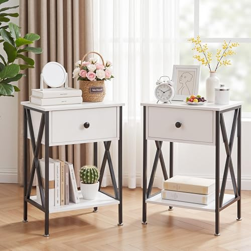 VECELO Beistelltische 2er Set Moderne Schublade und Regal, Nachttisch für Schlafzimmer, Wohnzimmer, industrieller Metallrahmen, Holzwerkstoff Metall, Weiss/opulenter Garten, 2 Pack