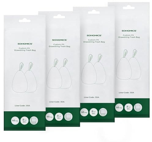 SONGMICS Sacs Poubelles Résistants, Sacs Poubelles à Liens Coulissants pour Poubelles de Cuisine 30L, Pré-séparés, Code du Sac 30A, 4 Rouleaux, 180 Pièces, Blanc KRB430A01