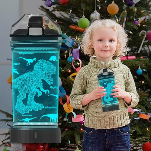 Anywin Dinosaur Gifts for Kids, 3D Glowing Dinosaurs Water Bottle with 7 Colors Changing & 14 OZ Tritan BPA Free Sports Travel Cup Back to School Gifts for Boys Children Birthday