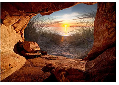 Vlies Fototapete 3D Effekt Strand Meer Nordsee Höhle Grotte inkl. Kleister Wohnzimmer Schlafzimmer Modern Motivtapeten Wandtapete Tapete Vliestapete UV-Beständig Montagefertig (368x254 cm - 4 Bahnen)