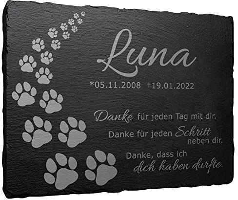 mtb more energy Gedenktafel Grabstein aus Schiefer mit Gravur - Pfotenweg ''Danke'' - personalisierbar - 20x15 cm - Grabplatte Haustier Hund Katze