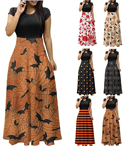 HAOLEI Damen Halloween Langarm Vintage Kleid Partykleid Halloween Kostüm Cosplay Frauen Halloween Print Langarm 50er Jahre Kleid Womens Kürbis Katze Gesicht Print Party Swing Kleid