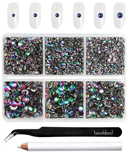 Beadsland 4300 Stück Grün Strasssteine mit flacher Rückseite,Nagelsteine, runde Kristall-Strasssteine zum Basteln, gemischt in 6 Größen, mit Picking-Pinzette und Wachsstift-Set, SS6–SS20,Grüner Vulkan