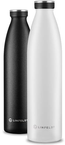 LINFELDT 1L Trinkflasche Edelstahl Isoliert 24H Auslaufsicher + Sprudel - 1000ml Wasserflasche geignet für Sport und Kohlensäure - 24H Kalt & 12H Heiß - BPA Frei - Ergonomisch in Weiß