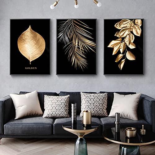 JLCZBT Bilder Schwarz Gold Leinwand Goldene Blätter Palmblatt Poster Ohne Rahmen Wandbilder Wohnzimmer Home Deko Bild (50×70cm)