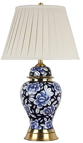 YHQSYKS Handbemalte Blaue und weiße Porzellan-Keramik-Tischlampe Jingdezhen-Porzellan-Ingwerglas-Lampe mit tonnenförmigem Lampenschirm aus Stoff Große orientalische Keramik-Schreibtischlampe