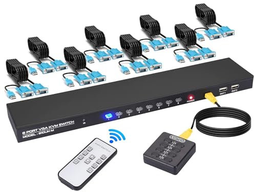 TCNEWCL 8 Port VGA KVM Switch, USB VGA KVM Switcher für 8 PC 1 Monitor, mit kabelgebundene Fernbedienung, 3 USB port für Geräte Tastatur Maus Scanner Drucker, 8 2-in-1-KVM-Kabel enthalten