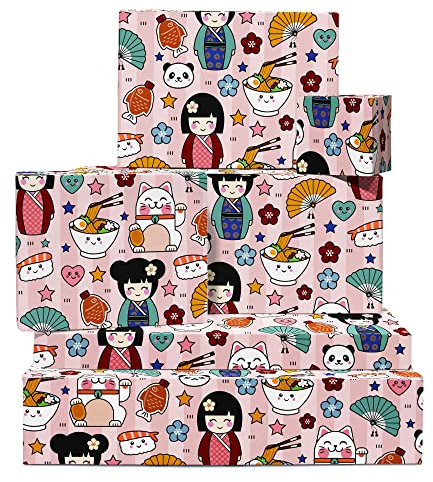 Geschenkpapier für Mädchen zum Geburtstag – 6 Blatt rosa Geschenkpapier – süße japanische Figur – für Frauen, Freunde – Sushi Ramen – mit lustigen Aufkleber – von Central 23