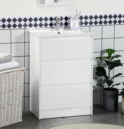 Bathroom Vanity Unit Modern White High Gloss Chest 2 Drawers Under Sink 610mm Ceramic Floor Free Standing Cloakroom WC Toilet Large Basin Cabinet