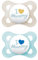 MAM Original Schnuller im 2er-Set, zahnfreundlicher Baby Schnuller aus nachhaltigen & bio-erneuerbaren Materialien, Sauger aus MAM SkinSoft Silikon, mit Schnullerbox, 0-6 Monate, blau/beige