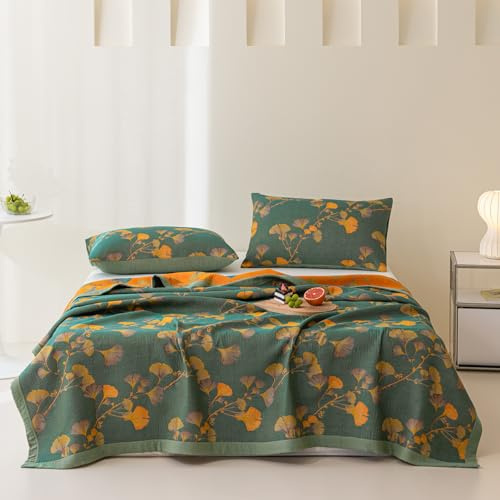 Purefair 100% Baumwolle, Jacquard-Steppdecke, florales Ginkgoblätter-Druck, weicher Musselin-Bettbezug, 3-lagig, wendbar, atmungsaktiv, leicht, für Doppelbett (198,1 x 238,8 cm), kein Kissenbezug