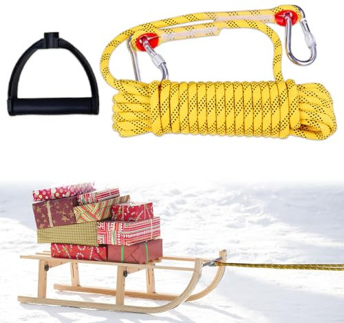 Palwin Schlitten Zugseil, 4m Schlittenleine Mit Griff, Schlittenseil, Abspannseile Seil, Schnur für Schlitten, Mit 2 Haken mit 1 Griffen, Robustes Rodelzubehör zum Ziehen eines Schlittens, 8mm