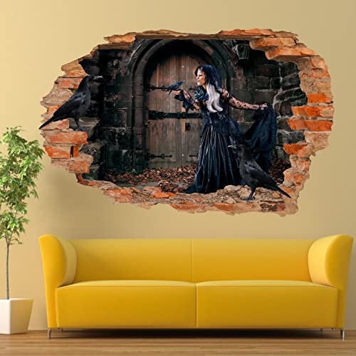 Wandtattoo Rissig DIY Fototapete Old Castle Gothic Girl Crows Wandaufkleber Kunst 3D-Effekt Poster Aufkleber Wandbilder 50x70CM