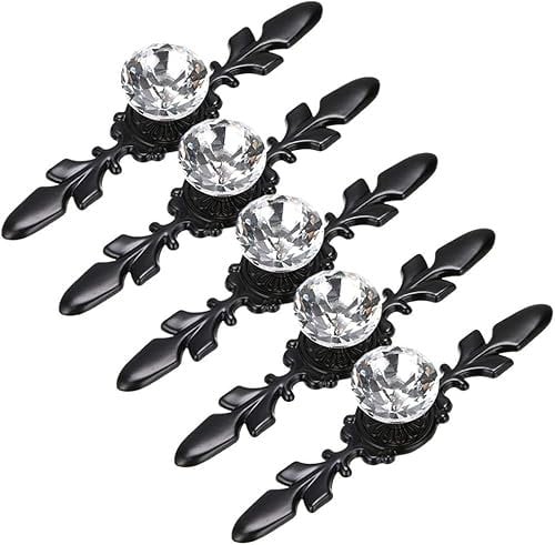 BSTMOME 5 Pcs 4.7 Drawer Dresser Knobs Pull Handles - Crystal Glass Diamond Decorative Knobs with Plate, Cabinet Cupboard Door Knobs with Screws (Black)