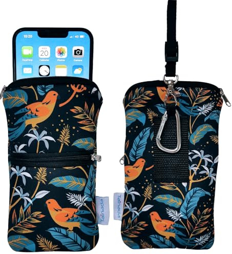 Tainada Housse de protection en néoprène résistant aux chocs avec fermeture éclair, mousqueton, cordon tour de cou, boucle de ceinture pour iPhone 17/16 Pro Max, 16 Plus ; Samsung S25 (oiseaux floraux