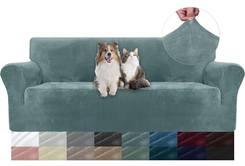 YSTELLAA Samt Sofa Überzug 3 Sitzer, Stretch Sofahusse Universal, Sofaschoner rutschfest, Sofa Covers Mit Armlehne, Couch Bezug Schutz Katze, Waschbare Couchschoner, Graublau